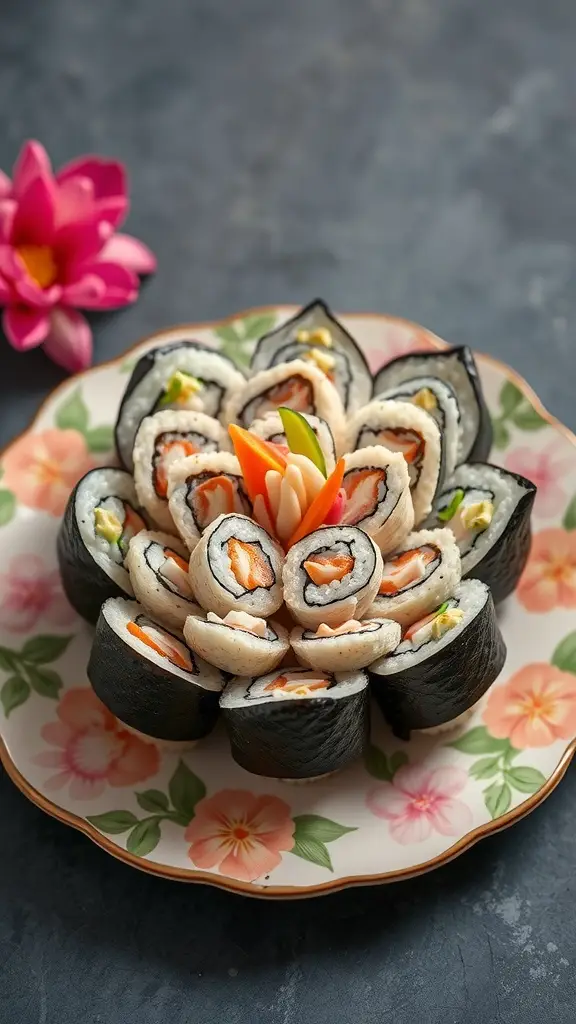 A beautifully arranged plate of Naboo Lotus Blossom Sushi with colorful ingredients.