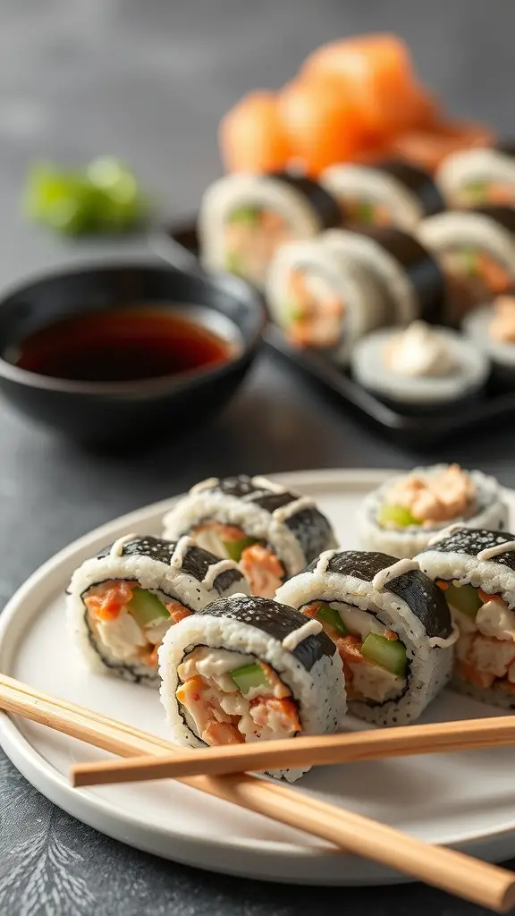 A plate of crab sushi rolls with chopsticks and soy sauce