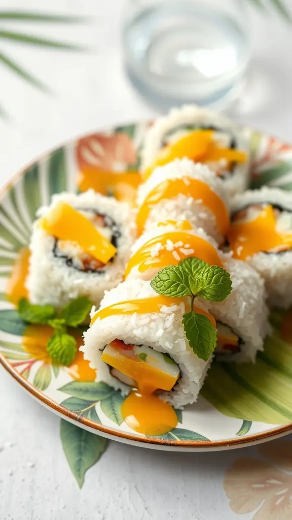 A plate of Ewok's Sweet Mango Sushi with mango slices and a drizzle of sauce.