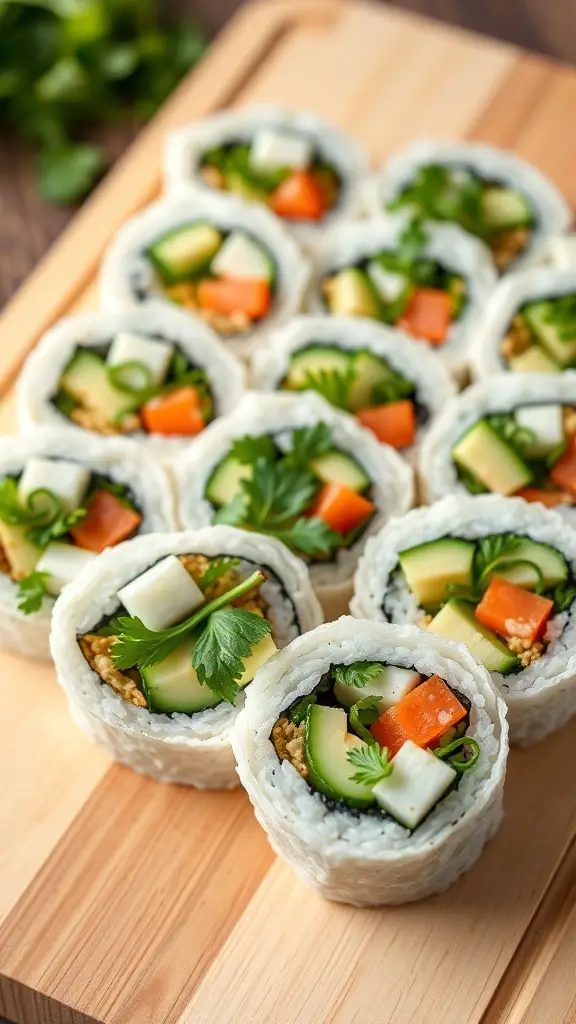 A plate of herbal tofu sushi rolls with fresh vegetables and herbs