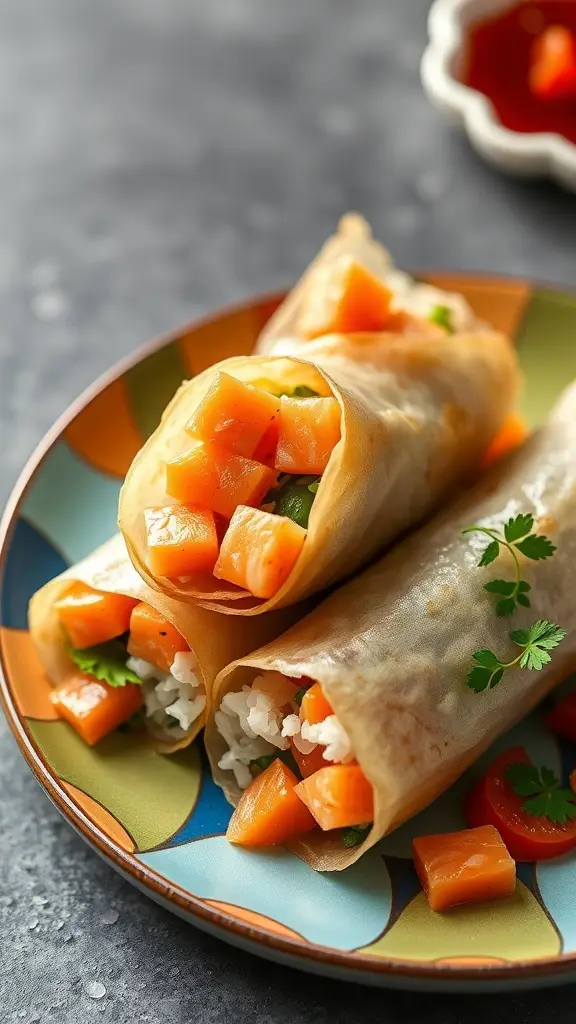 A plate of spicy salmon temaki sushi rolls with fresh ingredients.