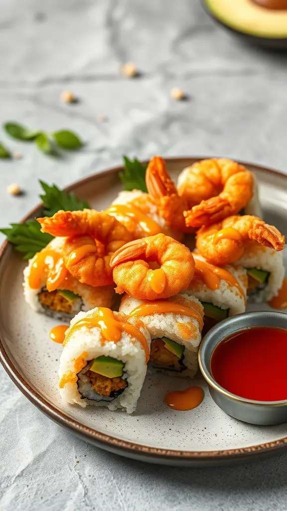 A plate of Bespin Breeze Shrimp Tempura Rolls with shrimp, avocado, and spicy mayo.