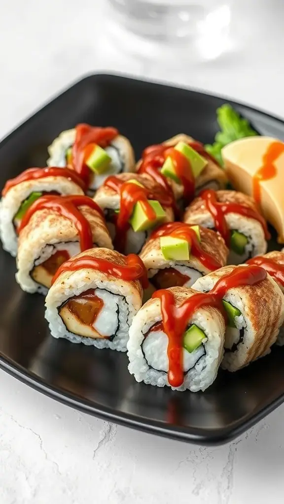 A plate of eel sushi rolls drizzled with sauce, garnished with vegetables.