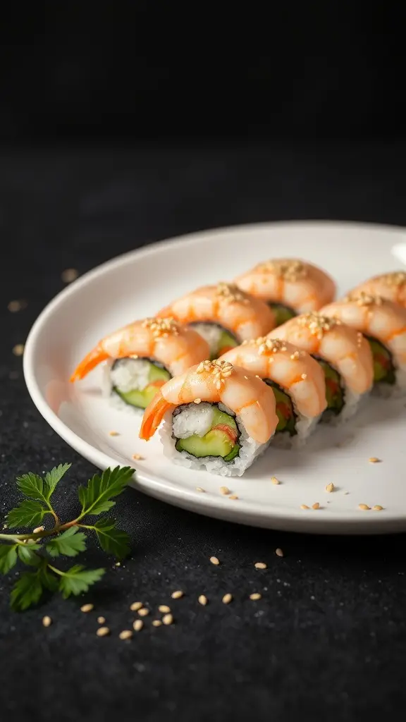 A plate of Naboo's Ocean Breeze Prawn Sushi featuring prawns, cucumber, and avocado.