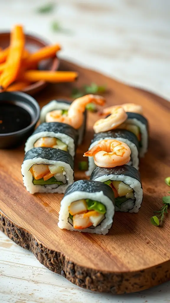 A plate of Galactic Garlic Butter Shrimp Sushi with shrimp on top and a side of dipping sauce.