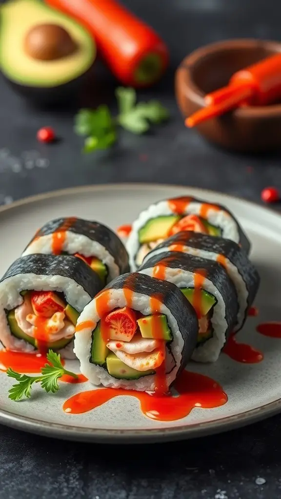 A plate of Naboo's Spicy Avocado Fusion Rolls with vibrant colors and a drizzle of spicy sauce.
