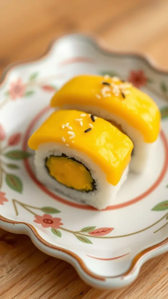 A plate of Naboo's Elegant Egg Sushi featuring sushi rolls with egg yolk on top and sesame seeds.