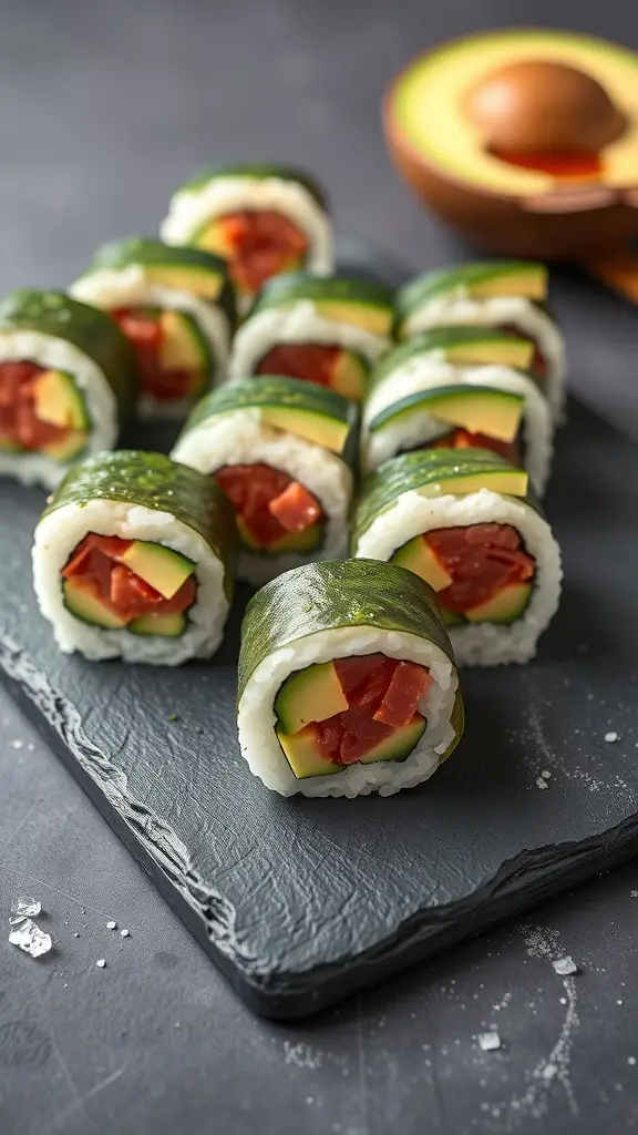 Delicious sushi rolls with tuna, avocado, and cucumber on a slate board.