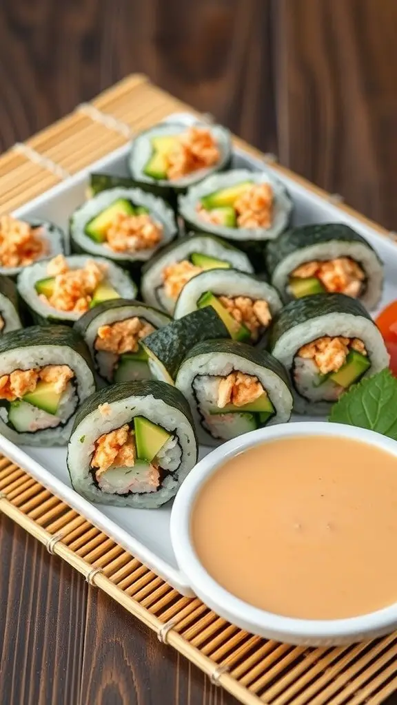 A plate of Jawa's Spicy Crab Salad Sushi with a dipping sauce.