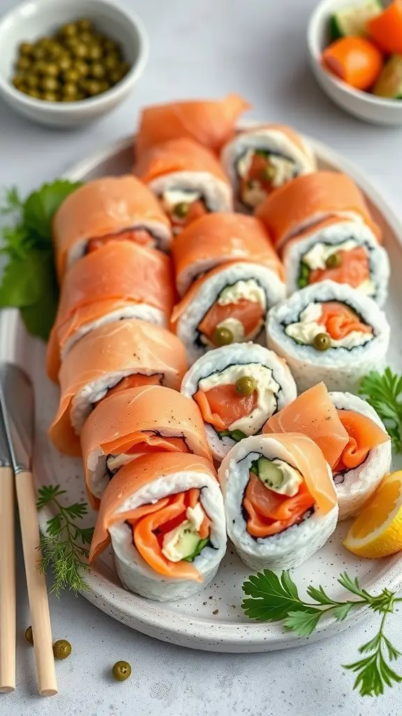 A plate of smoked salmon sushi rolls with cucumber and cream cheese, garnished with herbs.