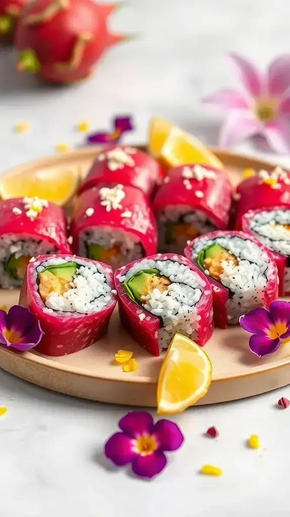 Colorful dragon fruit sushi rolls on a plate with flowers and lemon slices