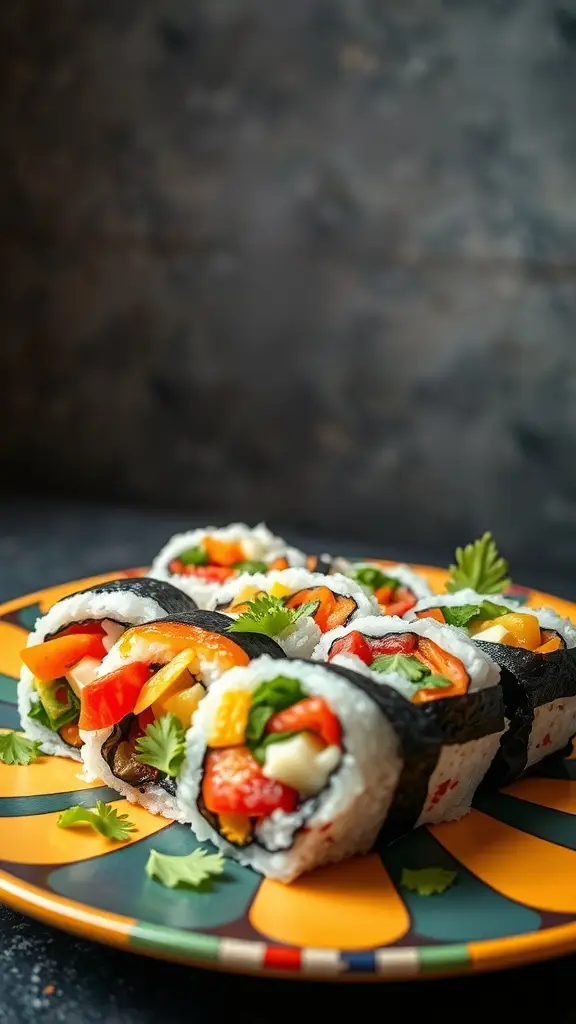 Colorful veggie sushi rolls on a decorative plate