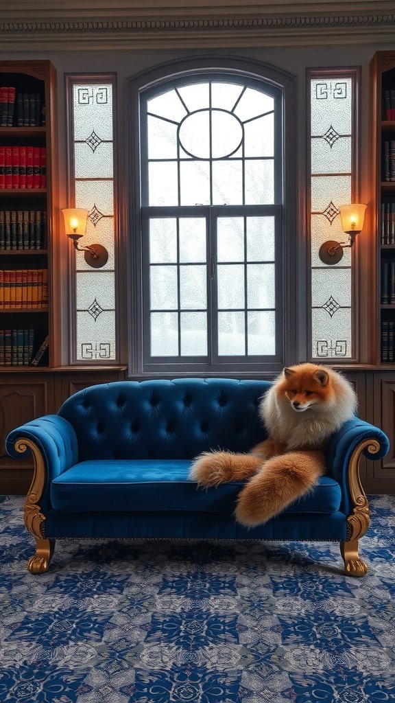 A sapphire blue vintage couch with gold legs in a winter room with a fox sitting on it.