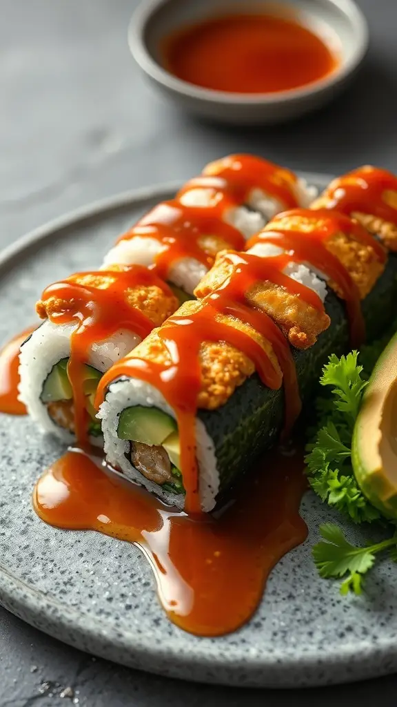 Delicious sushi rolls with teriyaki sauce and fresh ingredients
