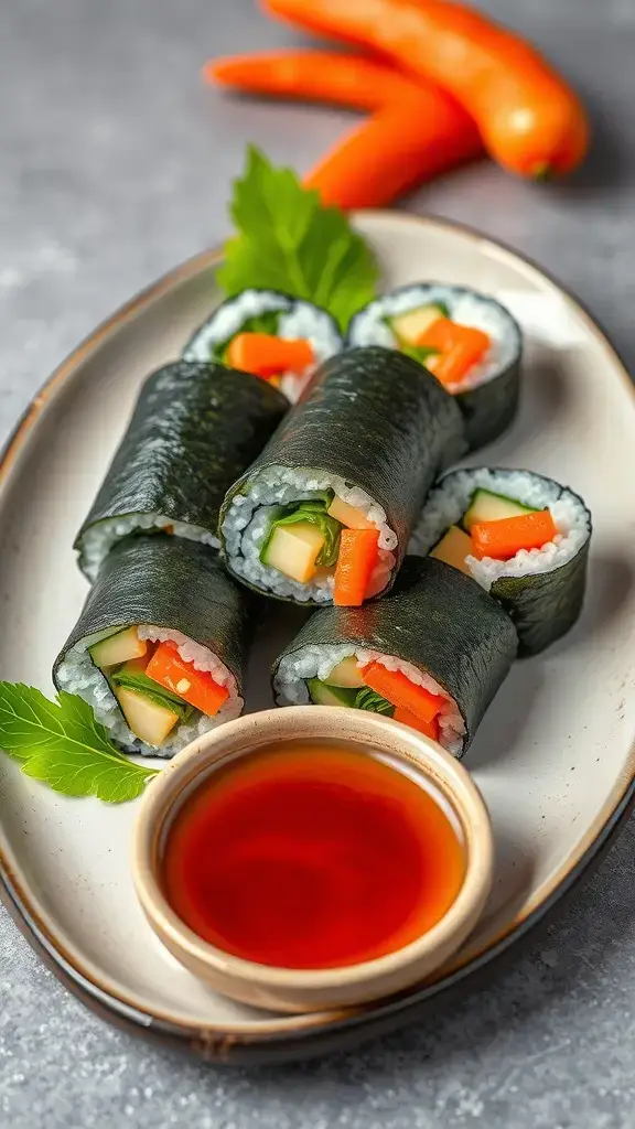 A plate of sushi rolls made with seaweed, filled with vegetables, and served with soy sauce.