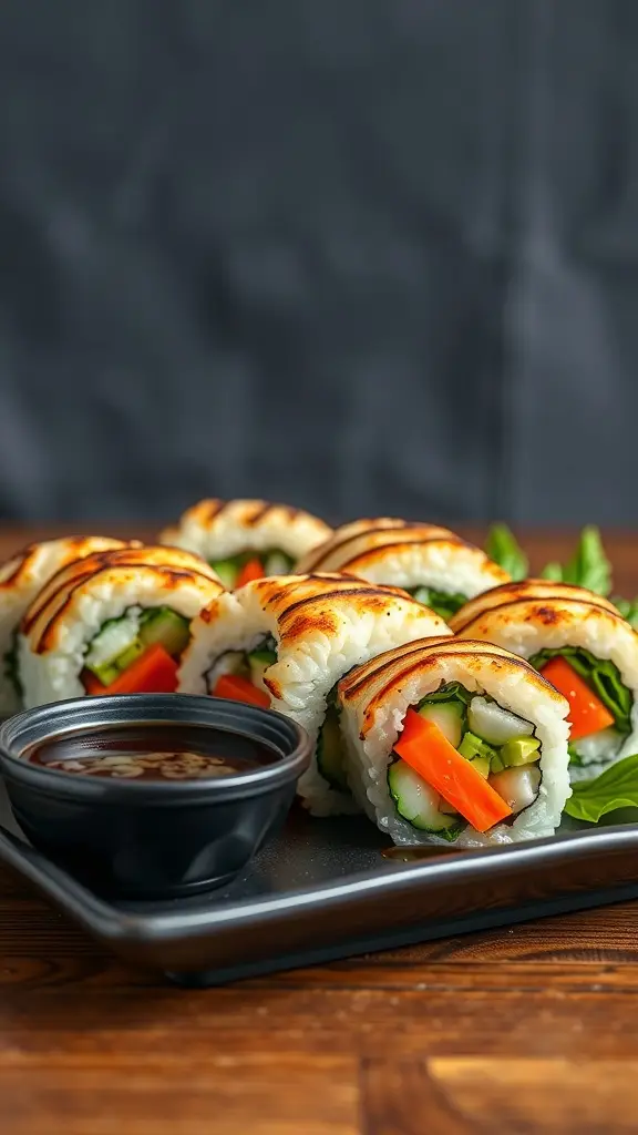 Grilled vegetable sushi rolls with dipping sauce