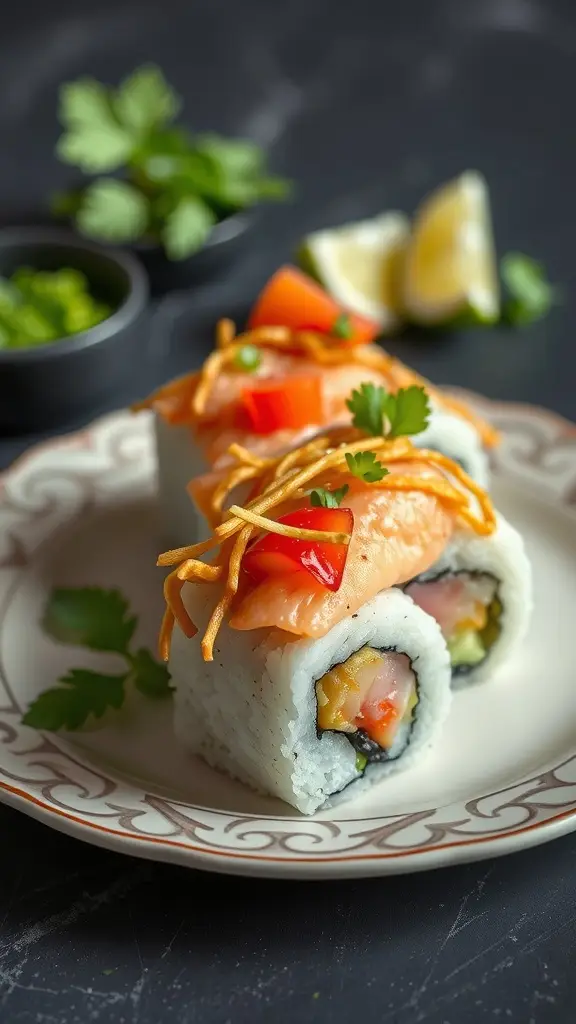 A plate of Naboo's Ocean Harvest Fish Tacos Sushi with fresh ingredients and vibrant colors.