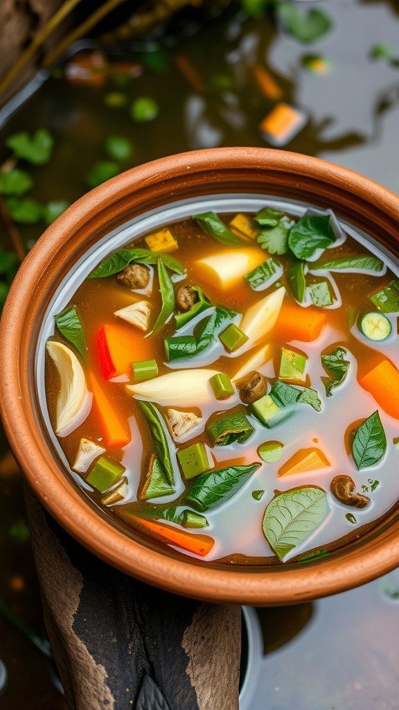 A bowl of vegetable broth with assorted vegetables and herbs, set against a natural backdrop.