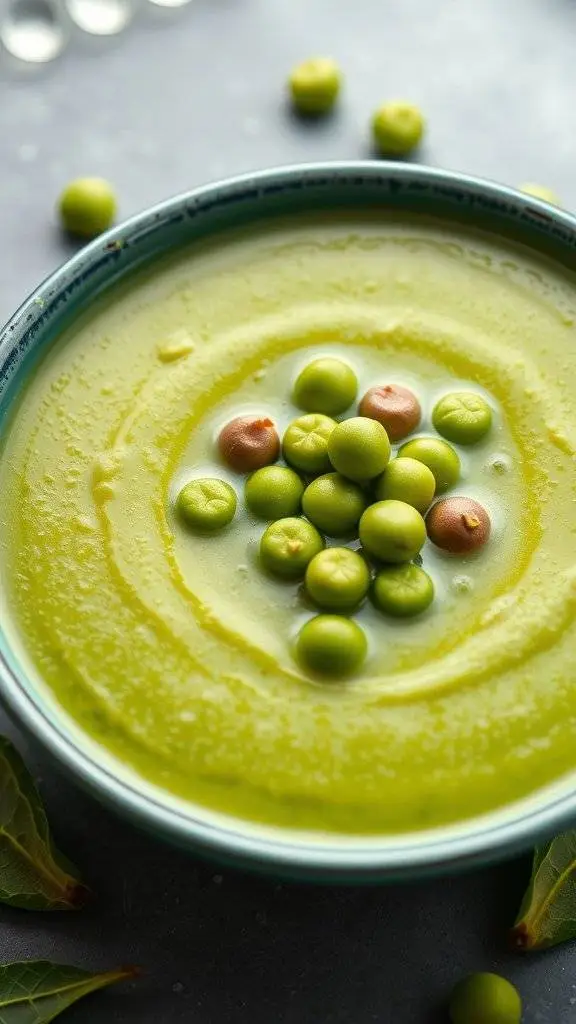 A bowl of vibrant green snow pea soup garnished with peas and mint leaves.