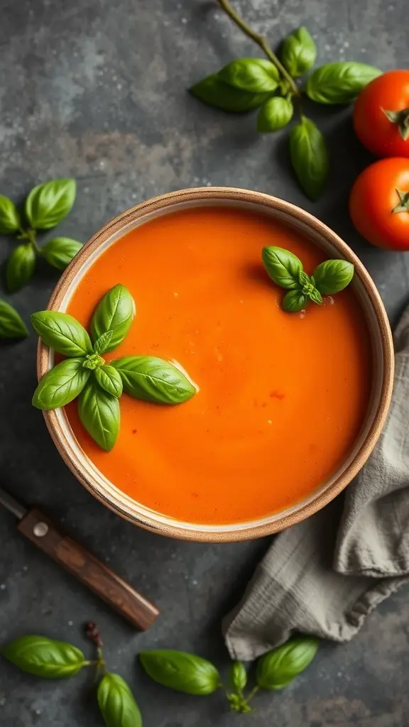 A bowl of creamy tomato basil bisque garnished with fresh basil leaves, surrounded by tomatoes and a kitchen towel.