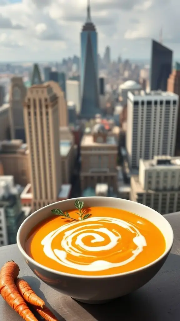 A bowl of carrot ginger soup with a swirl of cream, garnished with herbs, against a city skyline backdrop.