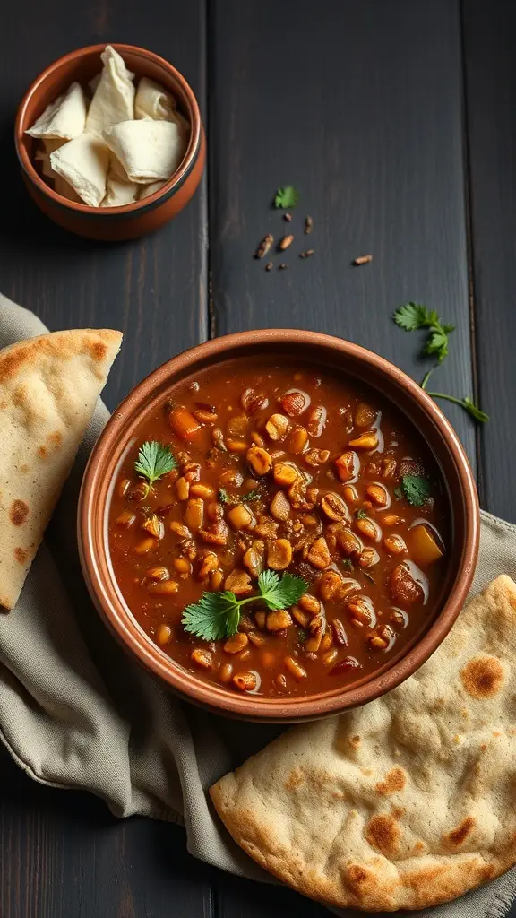 A bowl of Jakku Desert Lentil Soup with bread on the side