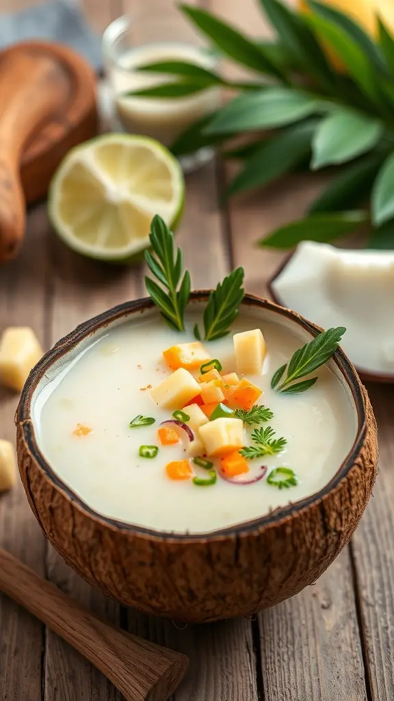 A bowl of Kashyyyk Coconut and Lime Soup garnished with fresh herbs and lime slices.