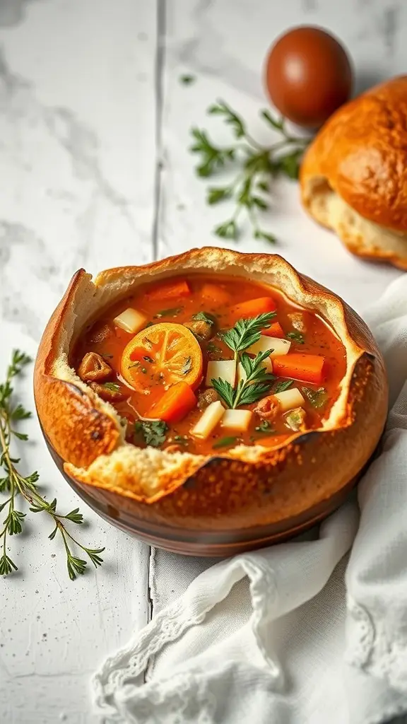 A warm bowl of soup served in a crusty bread bowl, garnished with fresh parsley.
