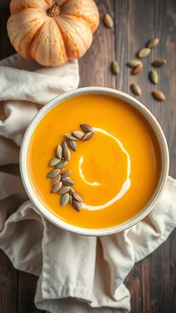 A bowl of creamy butternut squash soup garnished with pumpkin seeds, with a small pumpkin in the background.