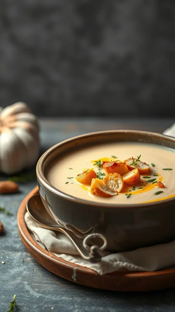 A bowl of creamy roasted garlic soup garnished with thyme and roasted garlic cloves.
