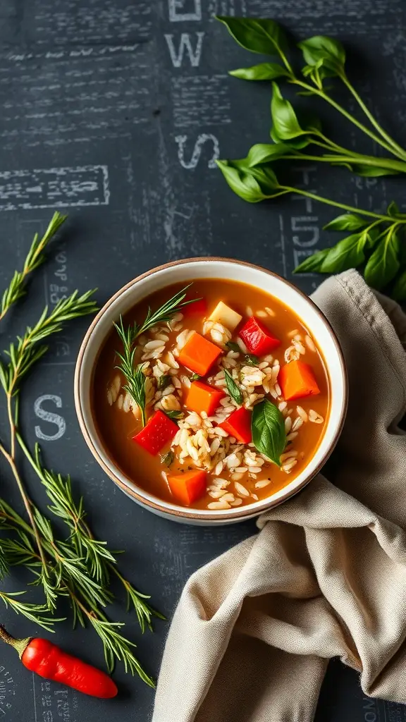 A bowl of Yoda's Wisdom Wild Rice Soup with colorful vegetables and herbs