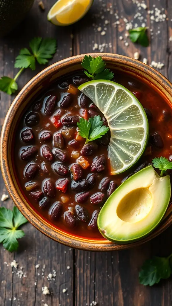 A bowl of Sullust Spicy Black Bean Soup garnished with lime and avocado