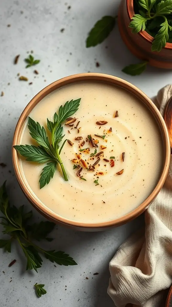A bowl of creamy Dantooine Herb and Cheese Soup garnished with herbs.