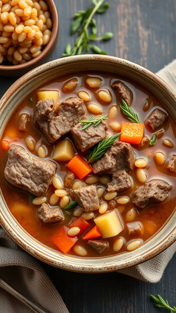 A bowl of hearty beef barley soup with vegetables.