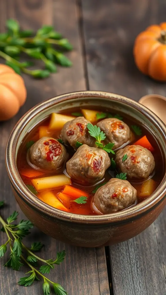 A bowl of Mandalorian Meatball Soup with meatballs and vegetables.