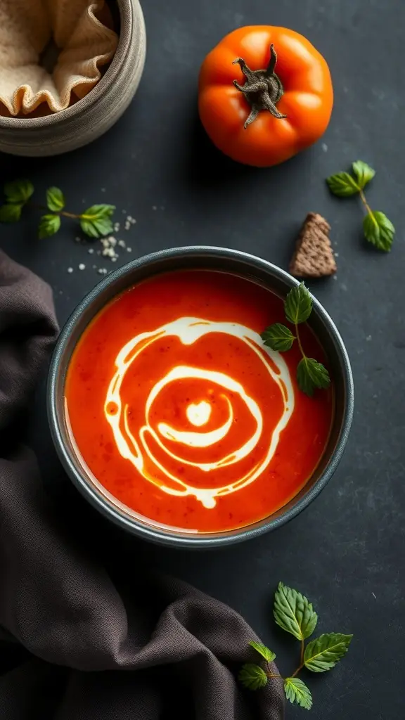 A bowl of spicy tomato soup garnished with cream and fresh herbs, surrounded by a tomato and bread.