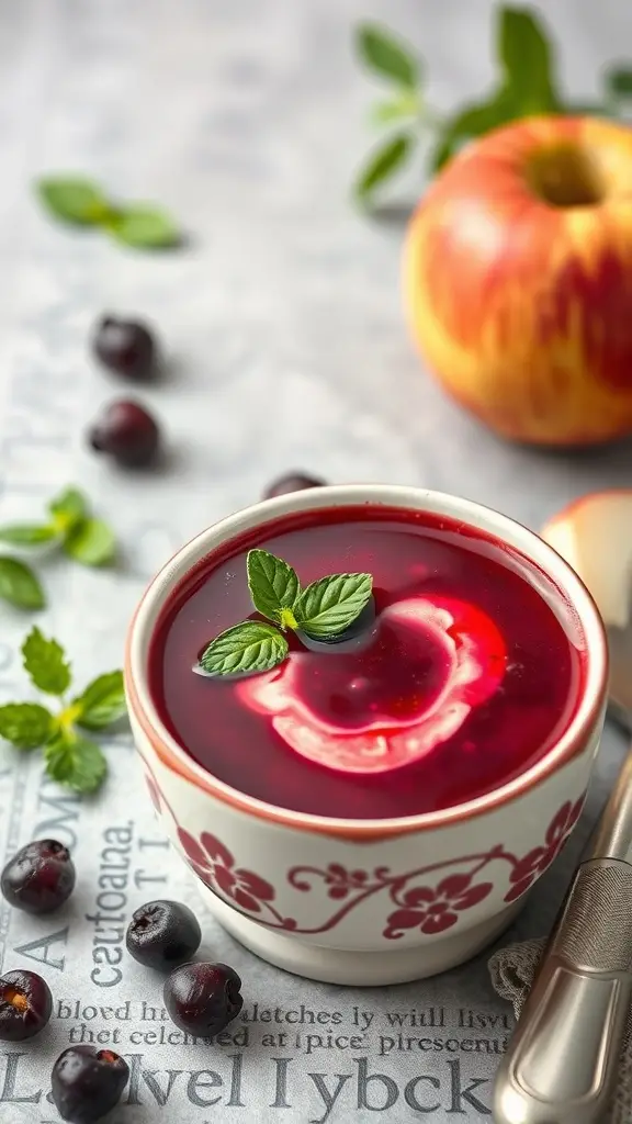 A bowl of Ewok Elderberry and Apple Soup garnished with mint leaves, surrounded by fresh apples and elderberries.