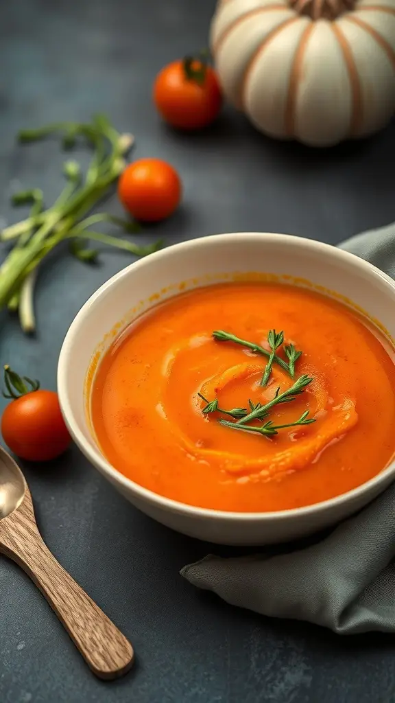A bowl of Togruta Tomato and Fennel Soup garnished with herbs, surrounded by fresh tomatoes and a wooden spoon.