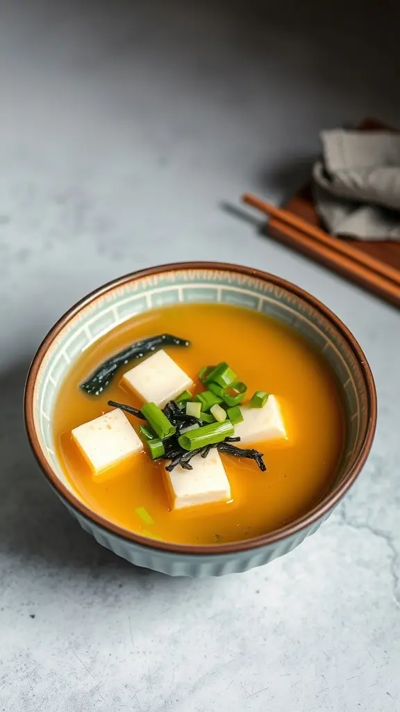 A bowl of Tofu Miso Soup with green onions and seaweed.