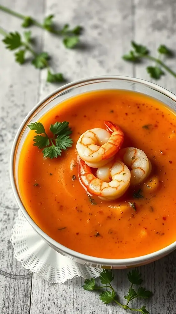 A bowl of Geonosis Gazpacho topped with spicy shrimp and garnished with cilantro.