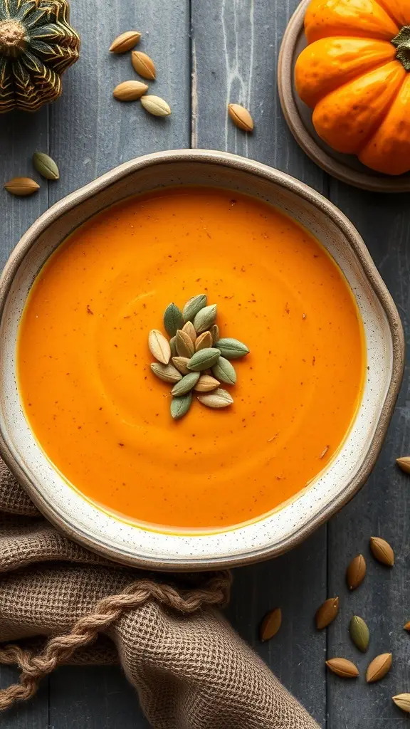A bowl of Sarlacc Spicy Pumpkin Soup garnished with pumpkin seeds, surrounded by a small pumpkin and seeds on a wooden table.