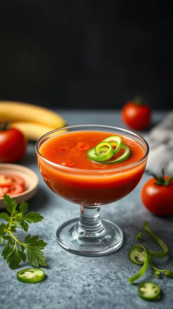 A bowl of Tatooine Tomato and Cucumber Gazpacho garnished with green onions and jalapeños, surrounded by fresh tomatoes and cucumbers.