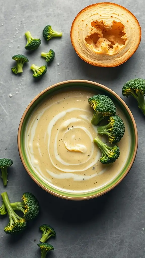 A bowl of creamy broccoli soup garnished with broccoli florets, with some broccoli pieces scattered around.