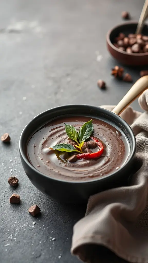 A bowl of dark chocolate chili soup garnished with fresh herbs and red chili slices.