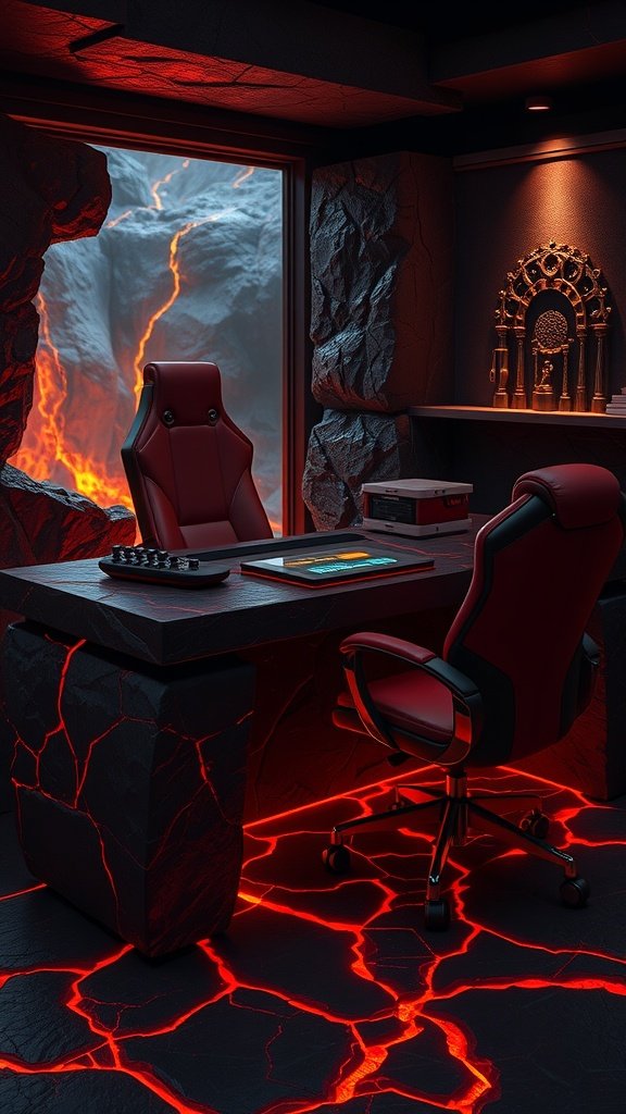 A futuristic workspace with a desk and chair, surrounded by dark stone and glowing lava.