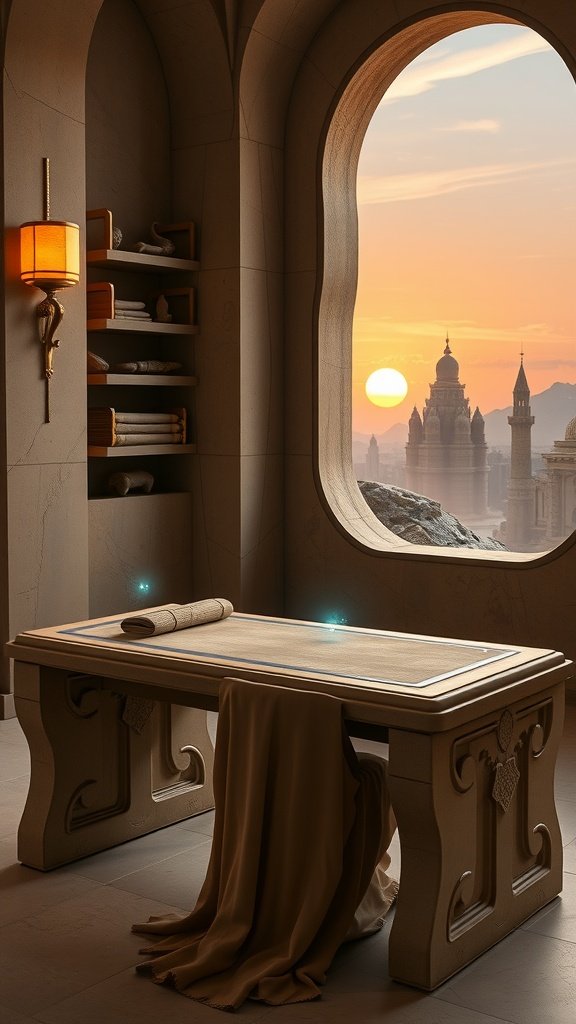 A serene workspace in the Jedi Temple with a large window showing a sunset and distant towers.