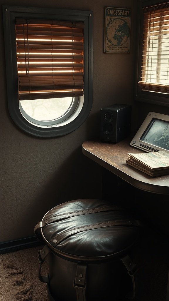 A cozy workspace inspired by Tatooine, featuring a circular window, wooden blinds, a desk with a monitor, and a padded stool.