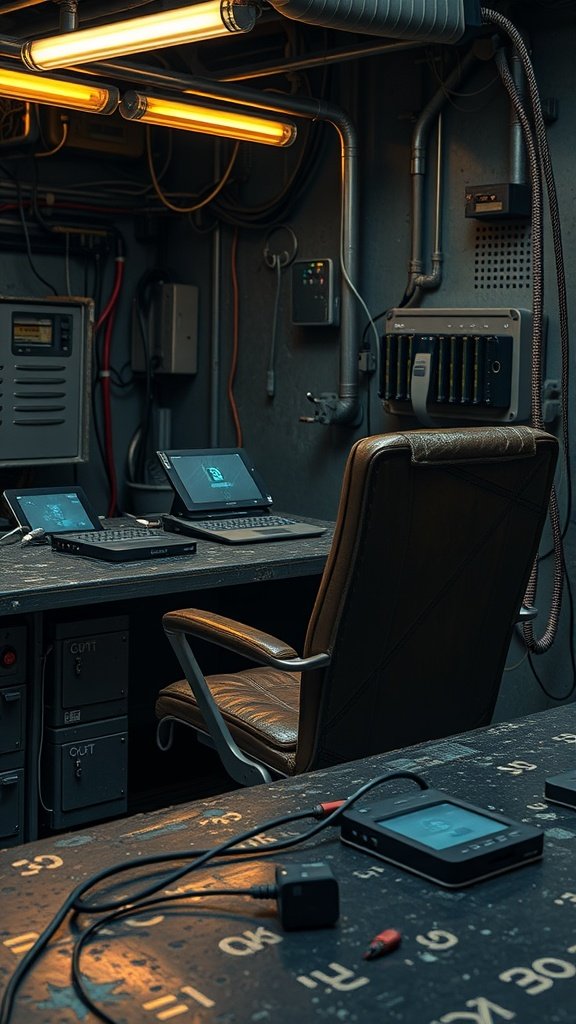 A dimly lit workspace resembling a smuggler's hideout, featuring monitors, a leather chair, and industrial pipes.