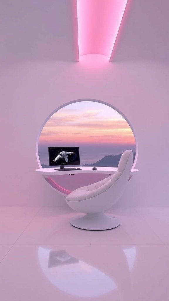 A futuristic workspace with a round window showing a sunset view, featuring a sleek desk and ergonomic chair.