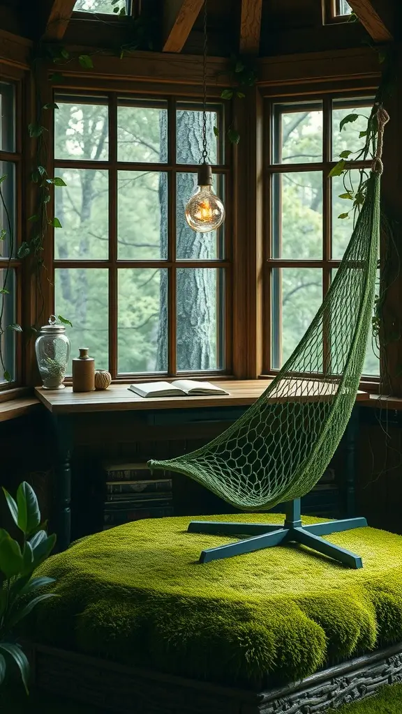 A cozy workspace with a green hammock chair, surrounded by large windows and nature.